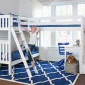 Maxtrix Corner Bunk with desks and blue chair white slatted with boy