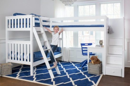 Maxtrix Corner Bunk with desks and blue chair white slatted with boy