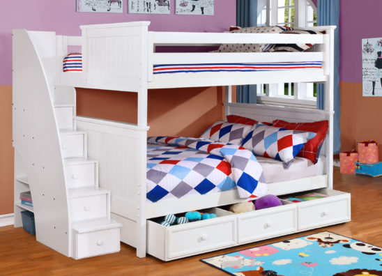 Beadboard Full over Full Bunk Bed with Stairs, Trundle and Modesty Panel White