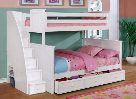 Beadboard Twin over Full Bunk Bed with Stairs, Trundle and Modesty Panel White