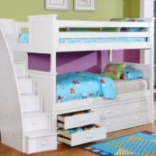 Beadboard Twin over Twin Bunk Bed with Stairs and Trundle White