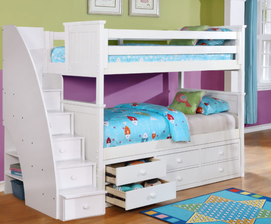 Beadboard Twin over Twin Bunk Bed with Stairs and Trundle White