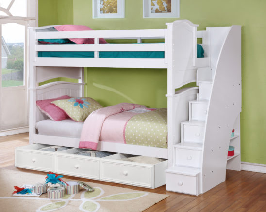 Sydney Twin over Twin Bunk Bed with Staircase and 3 Drawer Storage White
