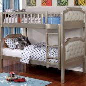Bea Twin over Twin Bunk Bed in Champagne and LIght Gray Linen-Like Upholstered Headboards