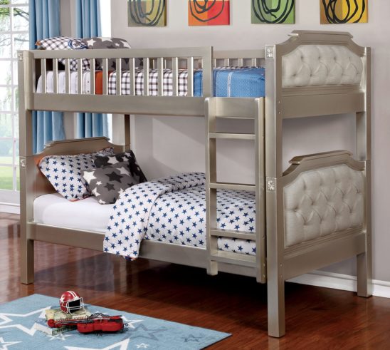 Bea Twin over Twin Bunk Bed in Champagne and LIght Gray Linen-Like Upholstered Headboards