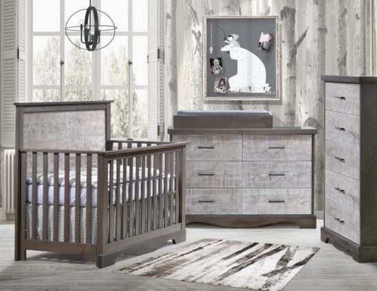Matisse Collection - Convertible Crib, 5 Drawer & Double Dresser in grigio with white bark & Changing Tray in grigio