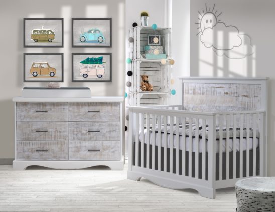 Matisse Collection - Convertible Crib & Double Dresser in white with white bark & Changing Tray in white