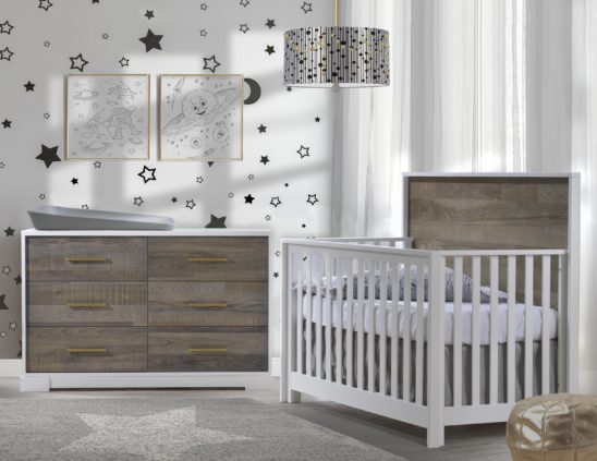 Vibe Collection - Convertible Crib & Double Dresser in white with brown bark & antique brass pulls, featuring Matty in dusty grey