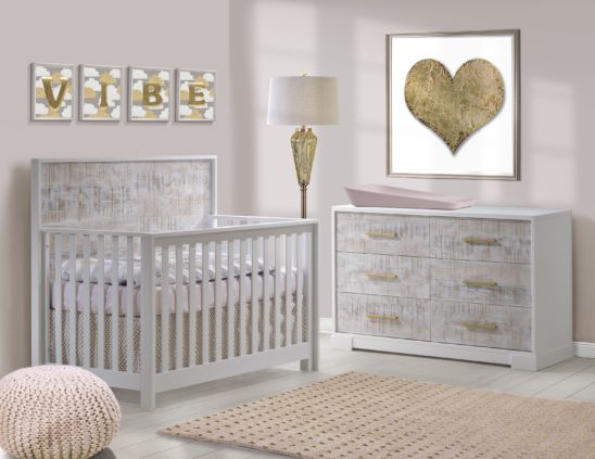 Vibe Collection - Convertible Crib & Double Dresser in white with white bark & antique brass pulls, featuring Matty in soft pink