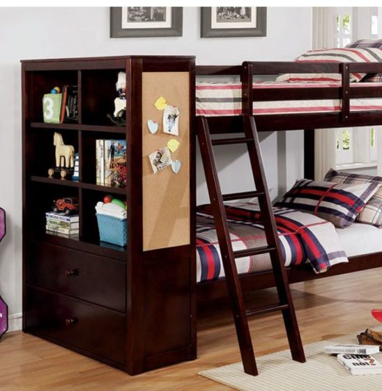Adena Twin over Twin Bookcase Bunk Bed in Dark Walnut Close Up Kids