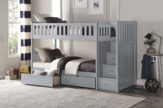 Belden Twin over Twin Bunk Bed with Staircase and Underbed Storage in Grey
