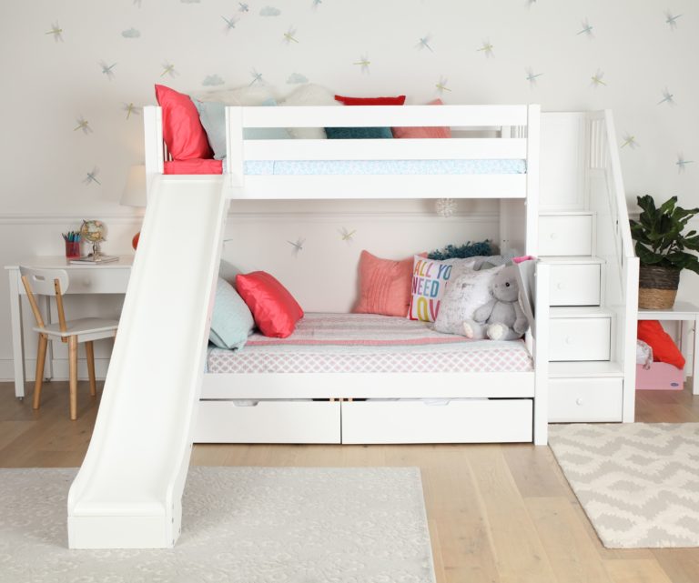 Maxtrix Twin over Full Staircase Bunk Bed with Slide (White, Natural