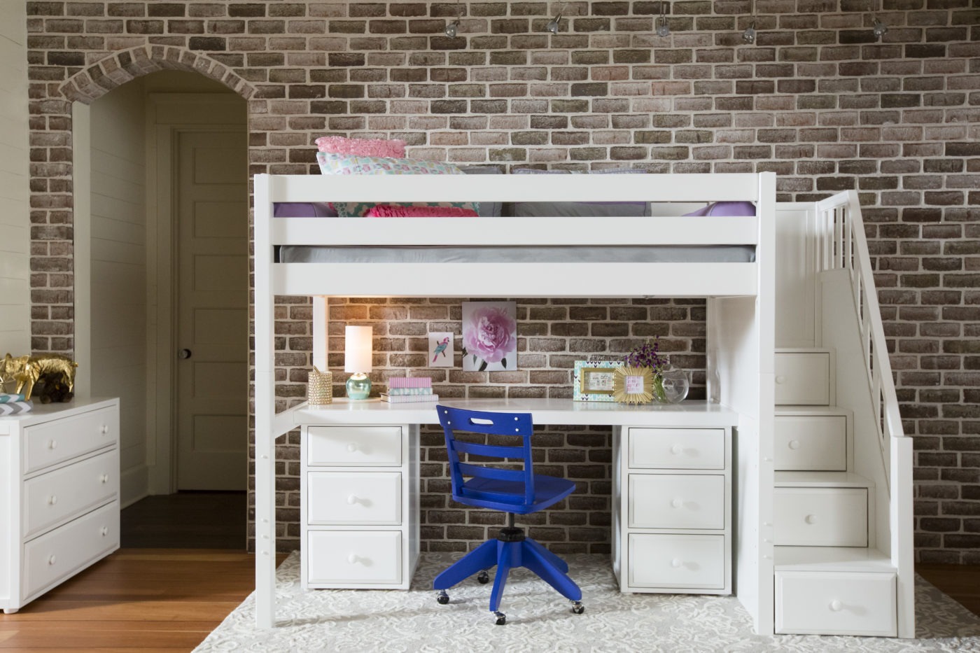 Maxtrix Twin High Loft Bed with Stairs, Desk and Dressers (White