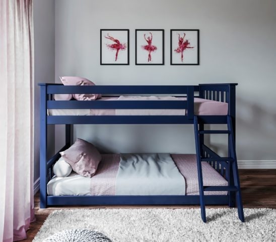 Twin over Twin Low Bunk Bed with Angled Ladder (White, Grey and Blue)