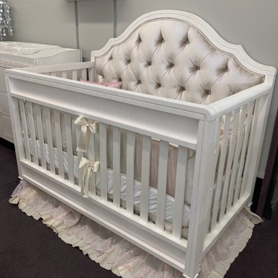 April Custom Tufted Convertible Crib in White Linen Kids Furniture In