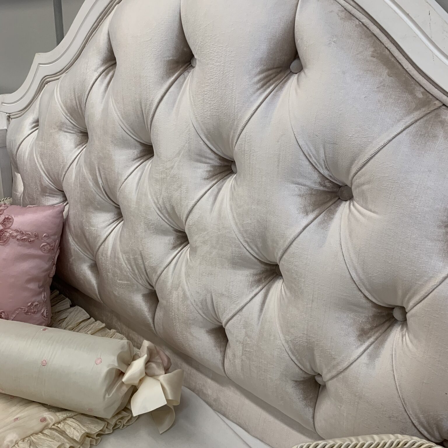 April Custom Tufted Convertible Crib in White Linen Kids Furniture In